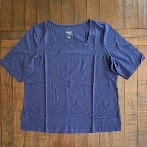 Joan Rivers Cotton Blend Square Neck SS Tee in Navy, Women's Size L